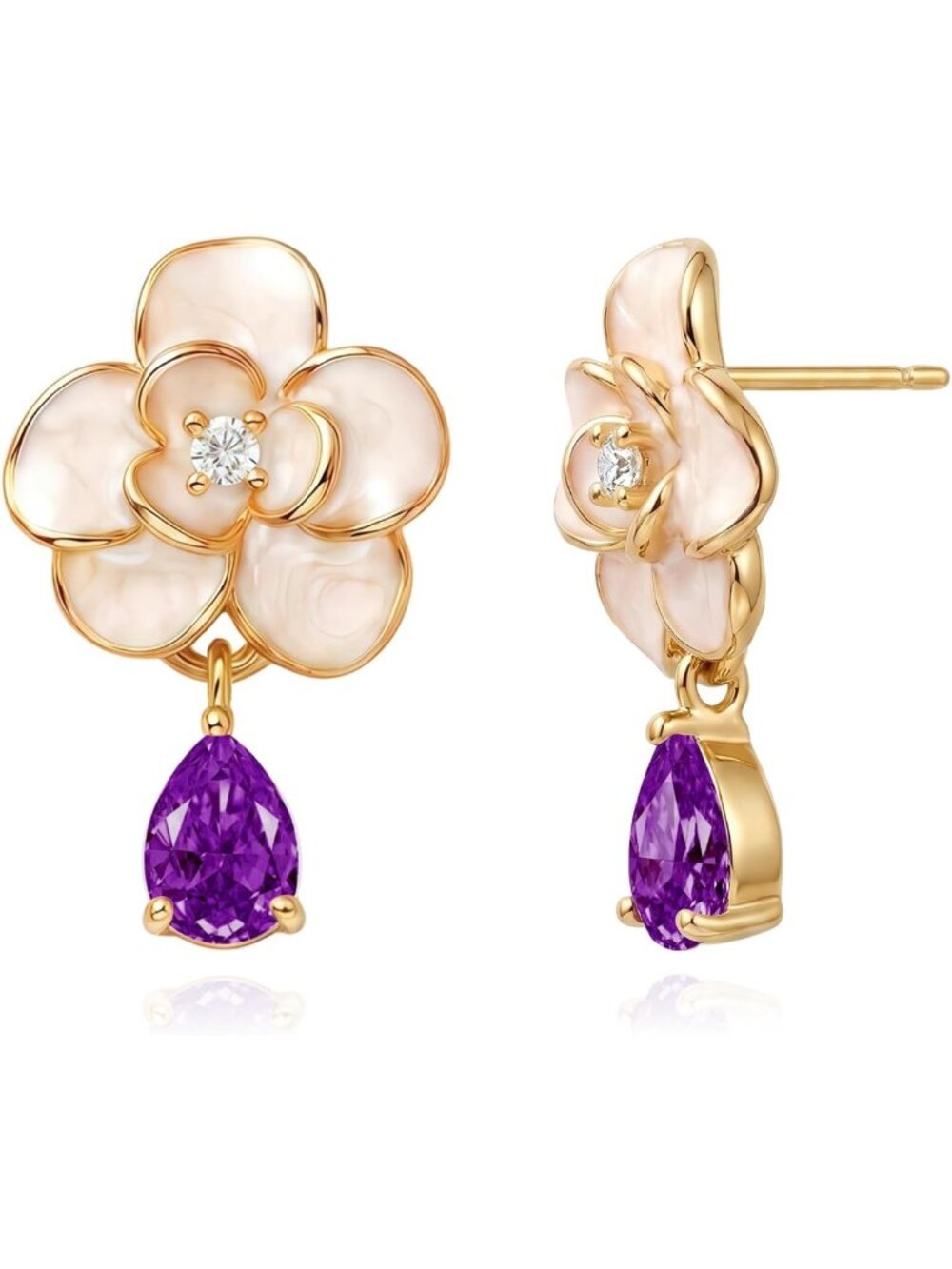 Elegant 925 Sterling Silver Flower Drop Earrings with Gold Plated Crystals